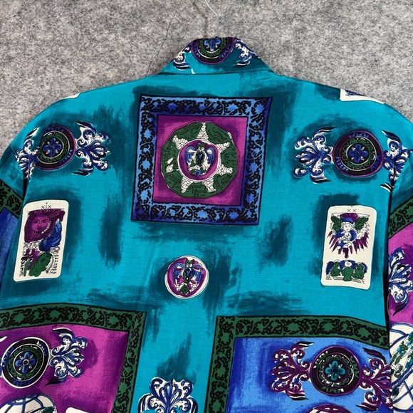 COMO Studio Vintage Artsy Hippie Tarot Print Shirt Teal Purple Rayon Size 6 - Picture 13 of 16